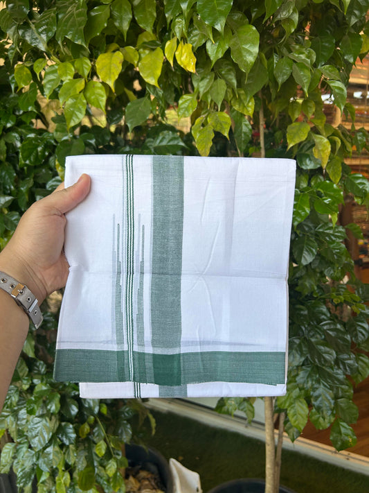 20% Discount! KaithariKada Balaramapuram 100% Cotton Double Pure white Mundu/Dhoti- 60s - 1.25 inch Green Shaded Stripes Chutty Kara - Between3.80-3.95m (8 muzham) - 49 KK5355 CKS