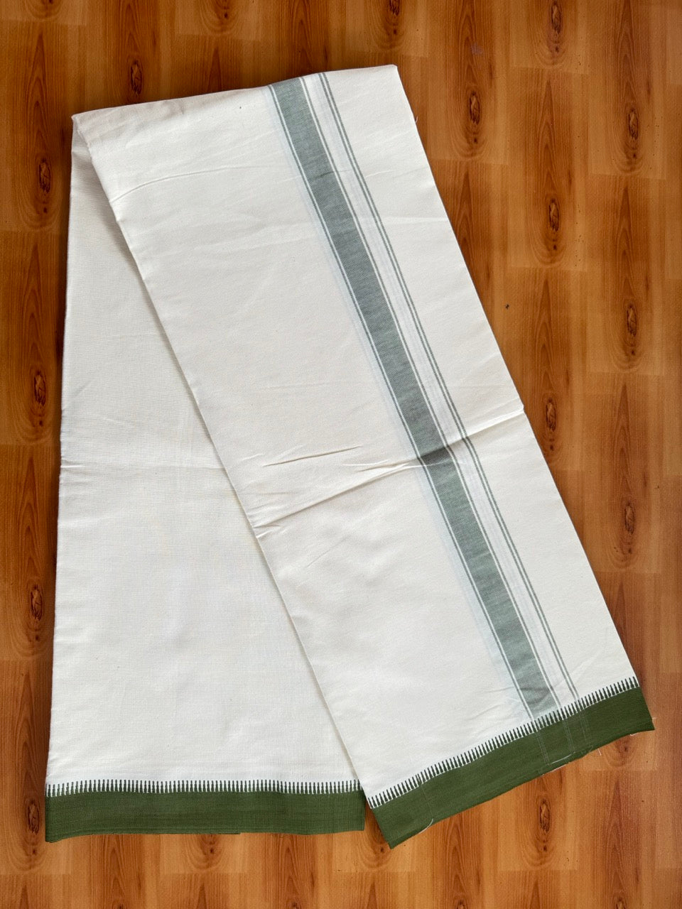 Single Off White Mund / Dhoti - Pure Combed Cotton Kaitharikada Pulimood Special - 2/40s Twisted Warp x 20s Weft - 1 inch Olive Green Striped Kara Off White Body Kuppadam Border (2 meter / 4 muzham) - 7 KK8095 MRH