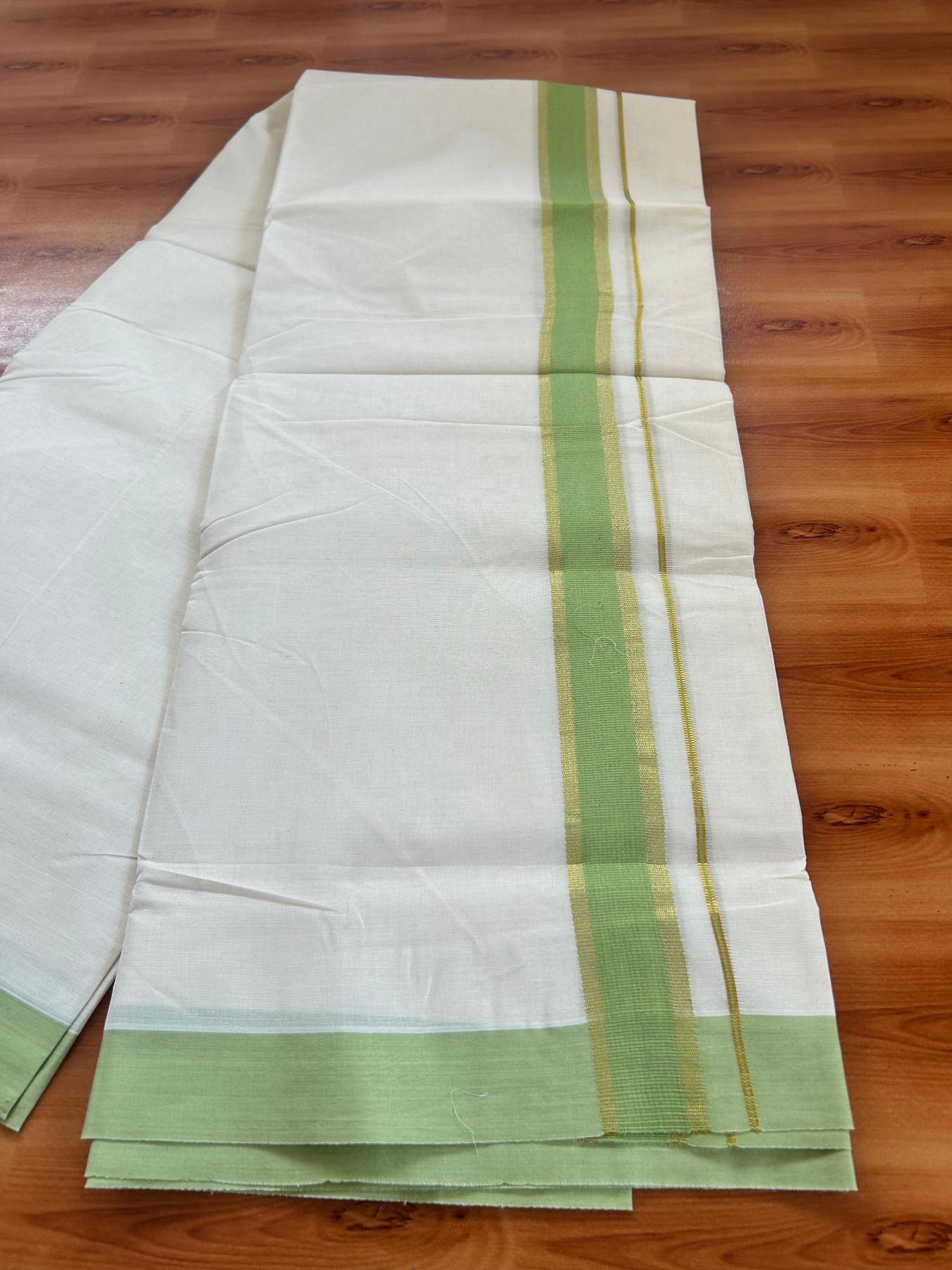 Double Off White (Unbleached) Mundu/Dhoti - 20% Discount! Kaitharikada Pure Cotton - 80x80 - 1.5 Inch Gold Kasav & Light Green Kara 4 mtr (8.5 muzham) - 16 KK5478 MRH