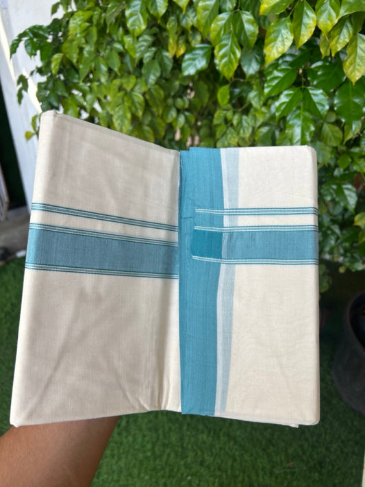 NEW !! 20% DISCOUNT!! KaithariKada Balaramapuram 100% Cotton Double Off white - (Unbleached) Mundu/Dhoti-100x80 - 1.25 inch Light Peacock Blue Shaded Striped KARA - 3.75 mtr (8 Muzham) - 5KK5218 ASH