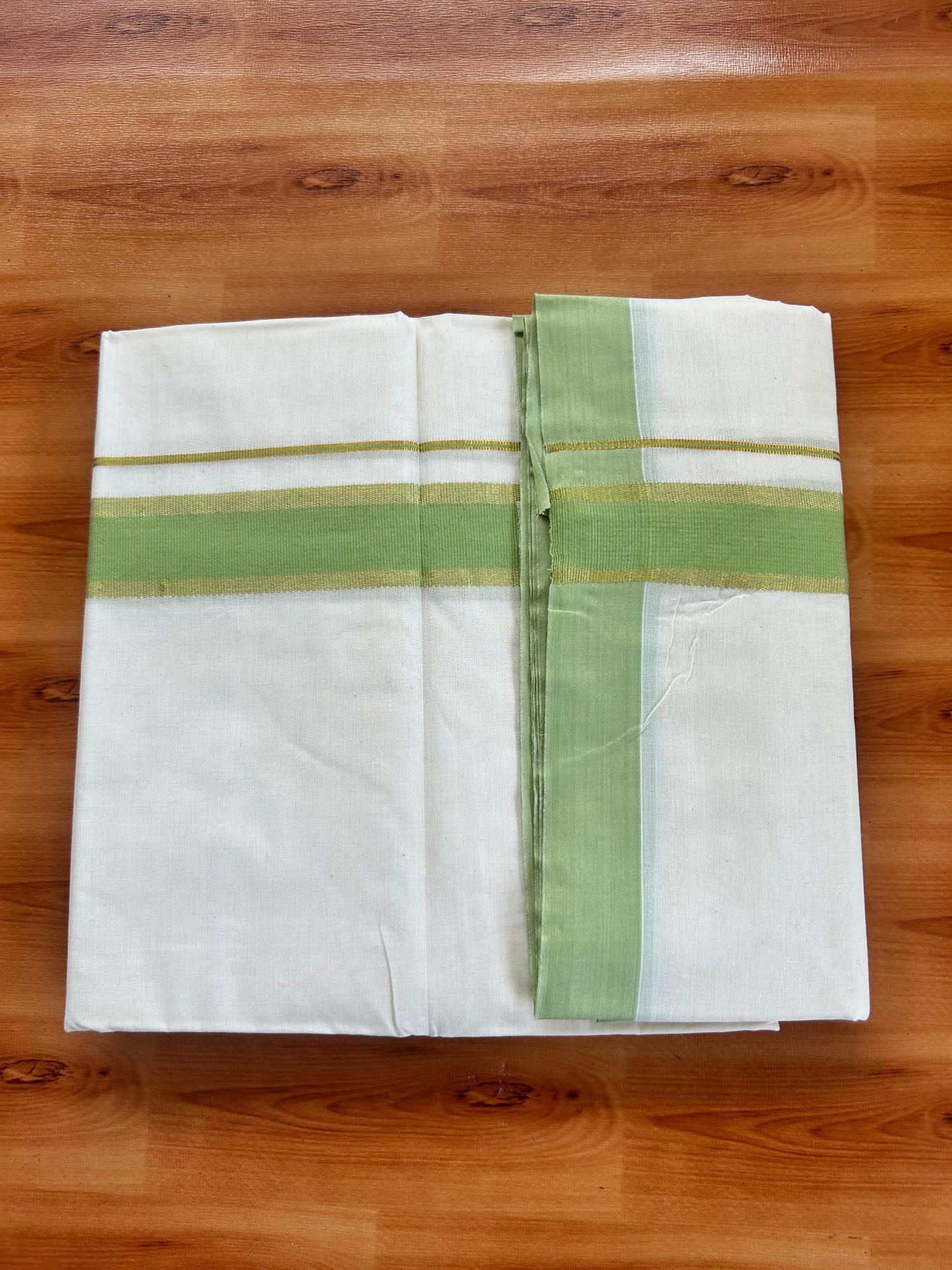 Double Off White (Unbleached) Mundu/Dhoti - 20% Discount! Kaitharikada Pure Cotton - 80x80 - 1.5 Inch Gold Kasav & Light Green Kara 4 mtr (8.5 muzham) - 16 KK5478 MRH