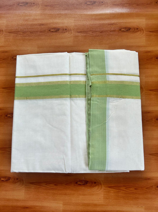 Double Off White (Unbleached) Mundu/Dhoti - 20% Discount! Kaitharikada Pure Cotton - 80x80 - 1.5 Inch Gold Kasav & Light Green Kara 4 mtr (8.5 muzham) - 16 KK5478 MRH