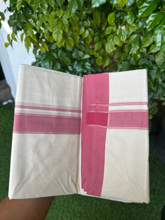 NEW !! 20% DISCOUNT!! KaithariKada Balaramapuram 100% Cotton Double Off white - (Unbleached) Mundu/Dhoti-100x80 - 1.25 inch Dark Rose Pink Shaded Striped KARA - 3.75 mtr (8 Muzham) - 3KK5218 ASH