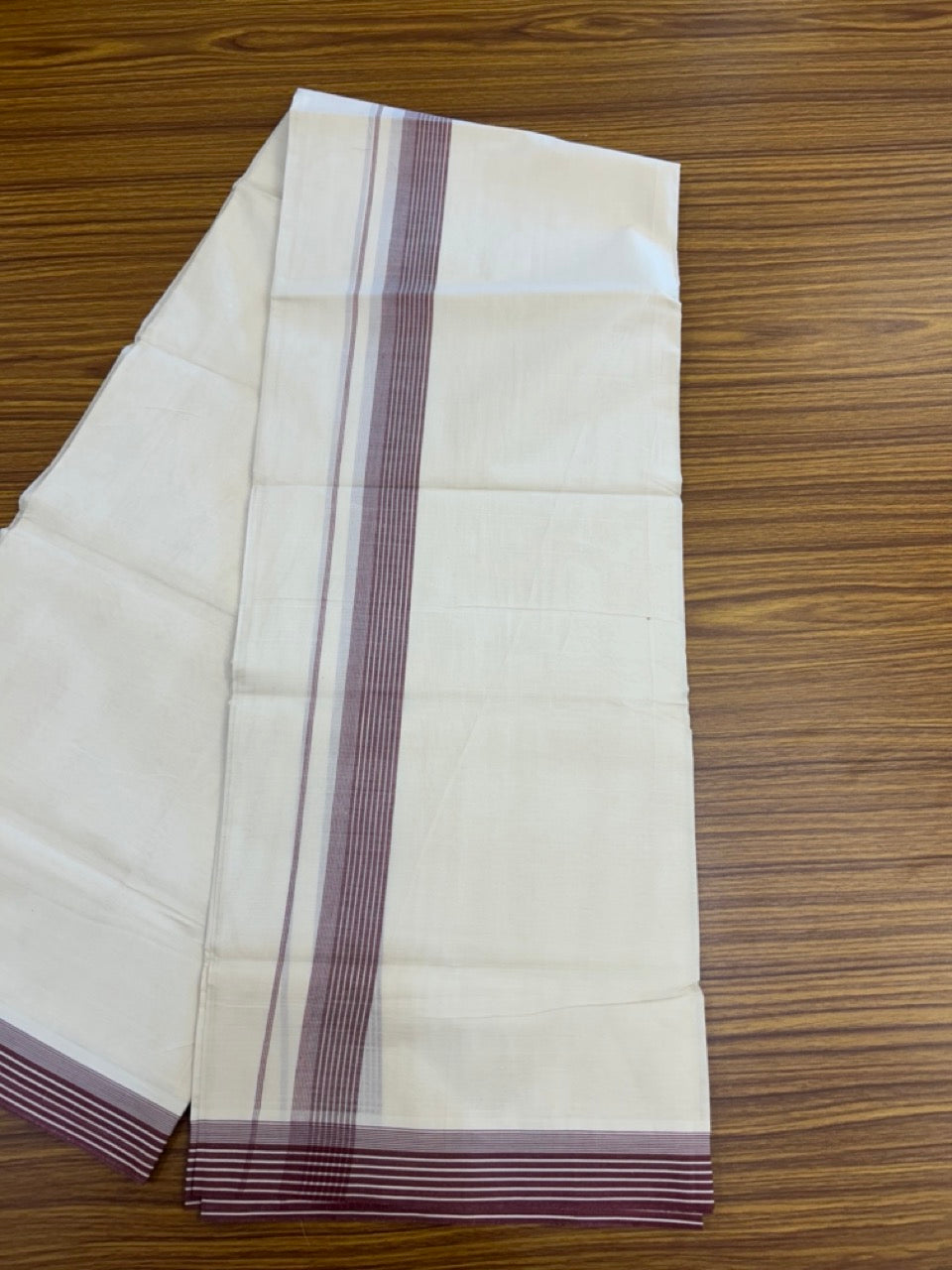 20% Discount! KaithariKada Balaramapuram 100%  Cotton Off White Double - (Unbleached) Mundu/Dhoti - 100X80 - 1.25 Inch Purple Maroon striped Kara - 4 Mtr (8.5 Muzham) - 112 KK5294 THI