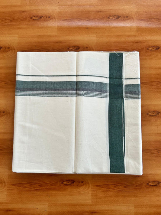 Single Off White (Unbleached) Mundu/Dhoti - 36% DISCOUNT!! KaithariKada Balaramapuram 100% Cotton - Twisted 60s Thread - 1.25 inch Silver Kasav Black & Green Shaded Striped Kara (2 meter / 4 muzham) - 22 KK5495 GL