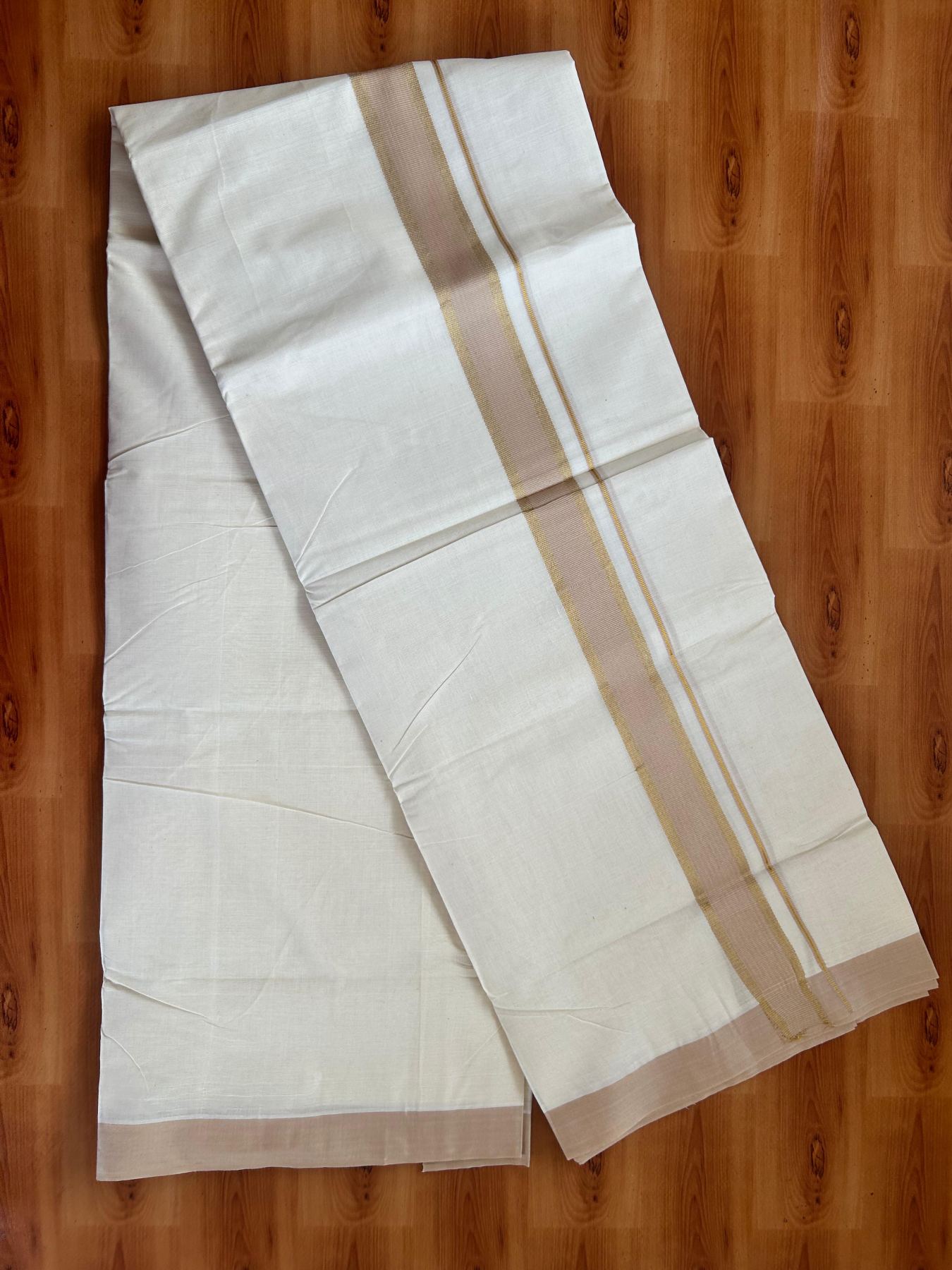 Double Off White (Unbleached) Mundu/Dhoti - 20% Discount! Kaitharikada Pure Cotton - 80x80 - 1.5 Inch Gold Kasav & Sand Brown Kara 4 mtr (8.5 muzham) - 17 KK5478 MRH