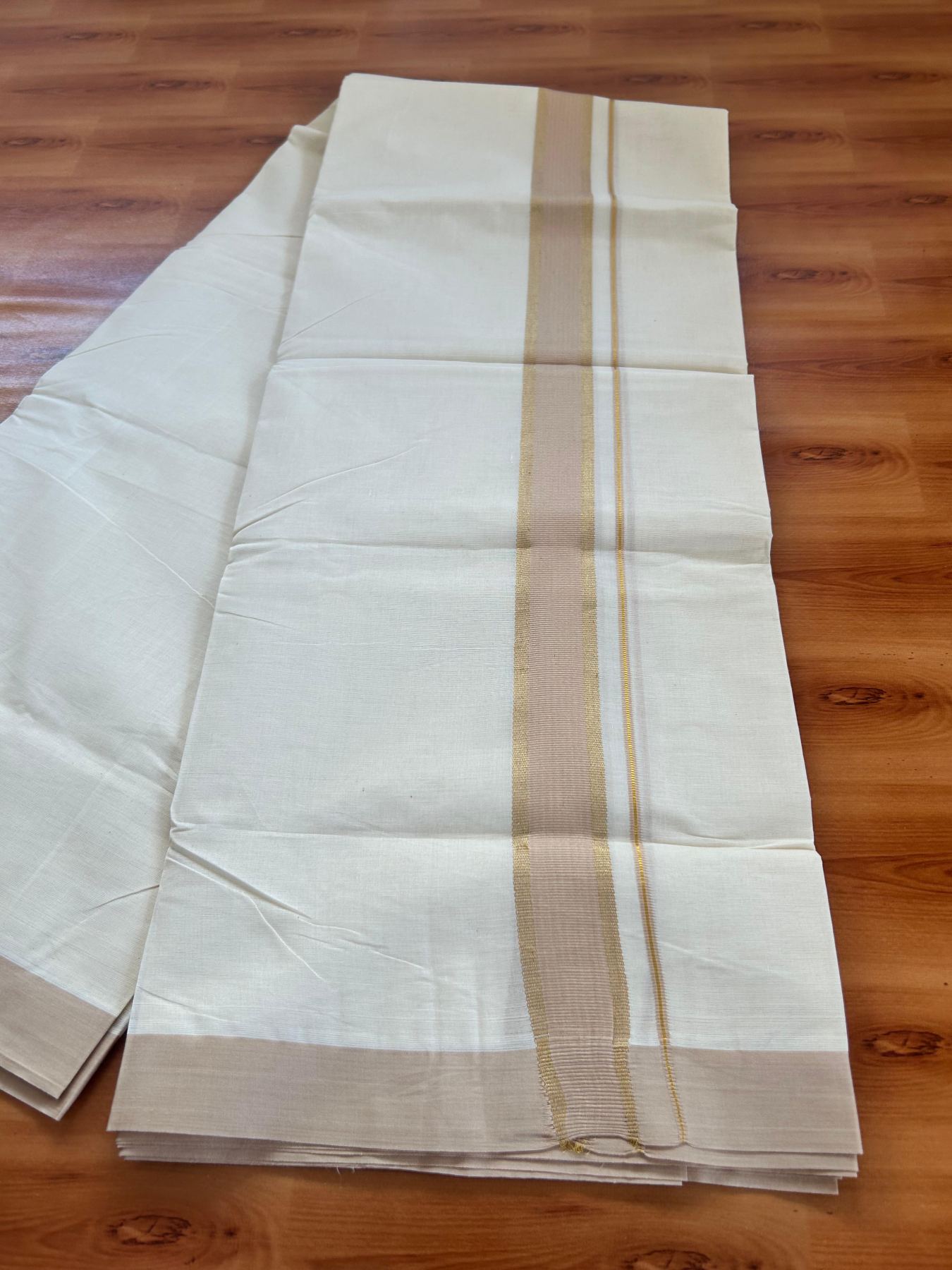 Double Off White (Unbleached) Mundu/Dhoti - 20% Discount! Kaitharikada Pure Cotton - 80x80 - 1.5 Inch Gold Kasav & Sand Brown Kara 4 mtr (8.5 muzham) - 17 KK5478 MRH