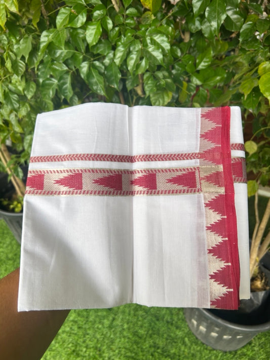 25% DISCOUNT! KaithariKada Balaramapuram 100% Cotton Double PURE white Mundu/Dhoti - 100x80 - 1.25 Inch Magenta Red & Silver kasavu Temple Design Kara - 4KK5147PMC