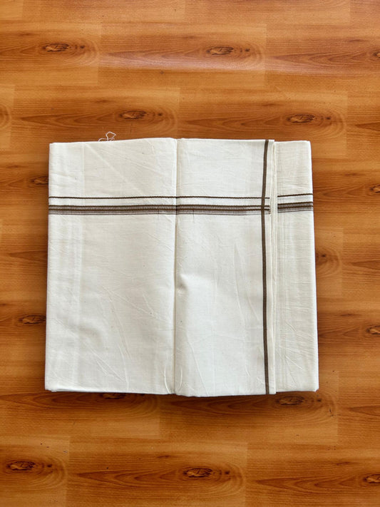 Single Off White (Unbleached) Mundu/Dhoti - 36% DISCOUNT!! KaithariKada Balaramapuram 100% Cotton - Twisted 60s Thread - 1 cm Brown Shaded Striped Kara (2 meter / 4 muzham) - 32 KK5495 GL