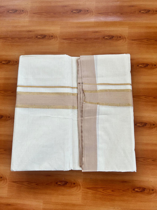 Double Off White (Unbleached) Mundu/Dhoti - 20% Discount! Kaitharikada Pure Cotton - 80x80 - 1.5 Inch Gold Kasav & Sand Brown Kara 4 mtr (8.5 muzham) - 17 KK5478 MRH