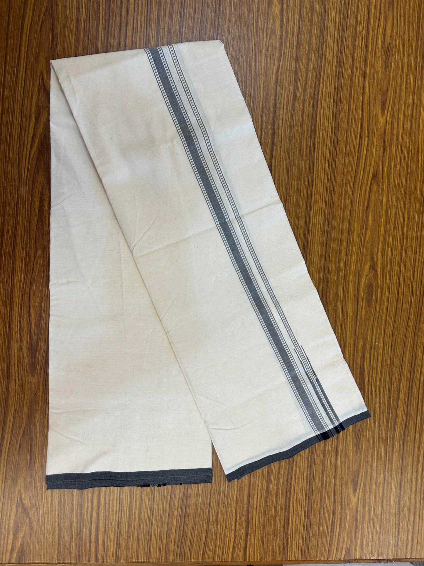 Single Off White Dhoti / Mund - 20% Discount ! KaithariKada Balaramapuram 100% Cotton  (Unbleached)- Twisted 100s Thread - 2.5 cm Puliyilakkara Black Shaded Chutty Kara (2 meter / 4 muzham)- 1 KK5354 ASH