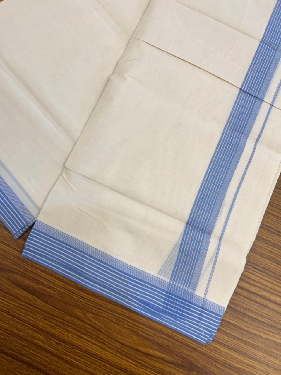 20% Discount! KaithariKada Balaramapuram 100%  Cotton Off White Double - (Unbleached) Mundu/Dhoti - 100X80 - 1.25 Inch Blue striped Kara - 4 Mtr (8.5 Muzham) - 110 KK5294 THI