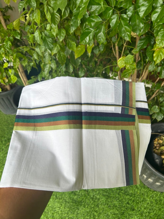 21% DISCOUNT ! KaithariKada Balaramapuram 100% Cotton Pure white Double  Mundu/Dhoti - 100X90 - 1.5 inch Multi Colour kara - 3KK5147PMC