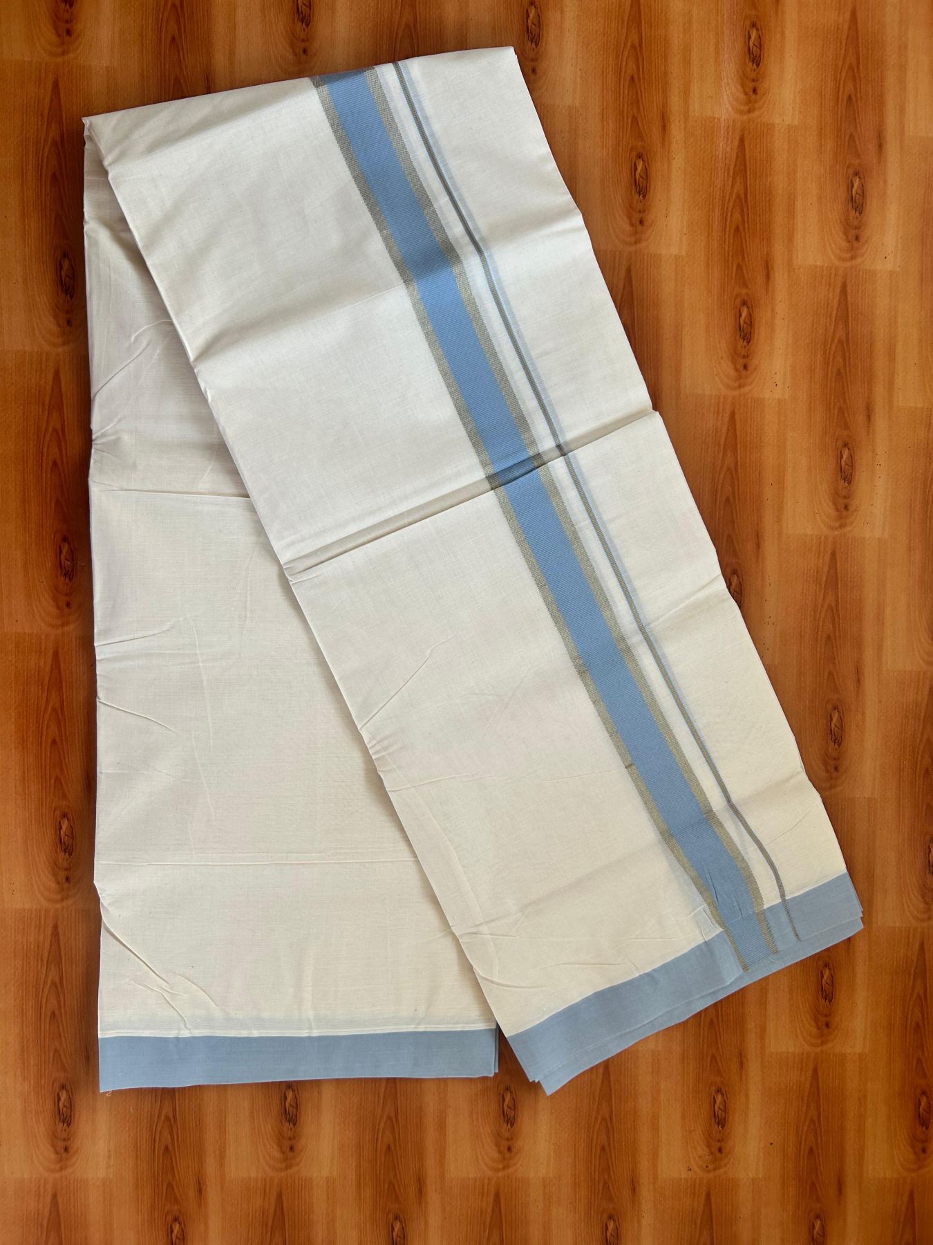 Double Off White (Unbleached) Mundu/Dhoti - 20% Discount! Kaitharikada Pure Cotton - 80x80 - 1.5 Inch Gold Kasav & Ash Blue Kara 4 mtr (8.5 muzham) - 18 KK5478 MRH