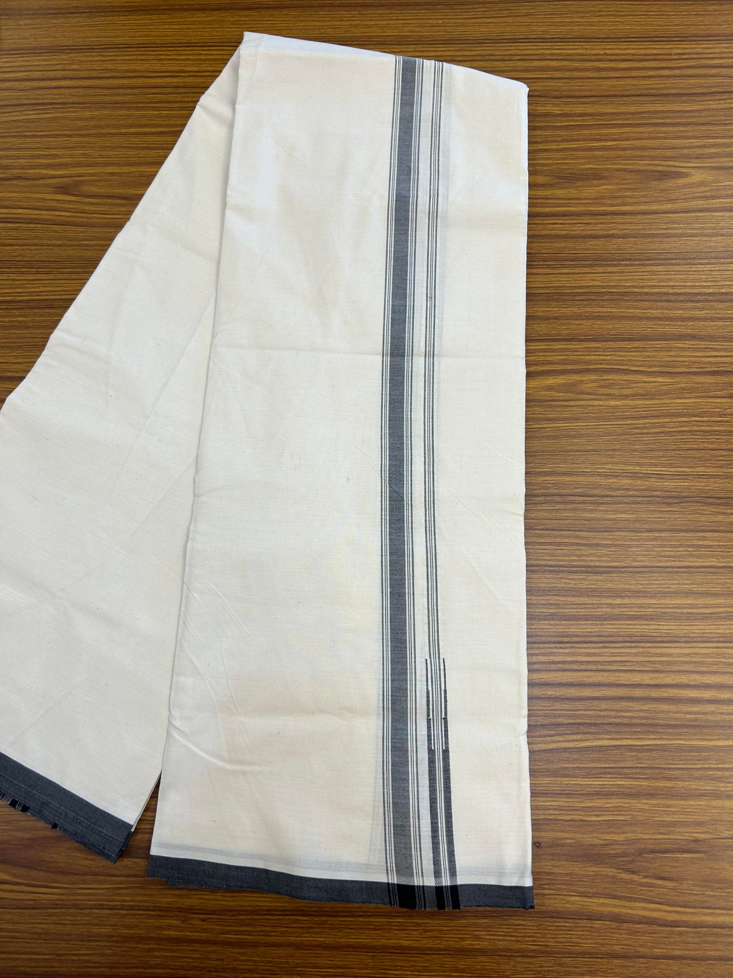 Single Off White Dhoti / Mund - 20% Discount ! KaithariKada Balaramapuram 100% Cotton  (Unbleached)- Twisted 100s Thread - 2.5 cm Puliyilakkara Black Shaded Chutty Kara (2 meter / 4 muzham)- 1 KK5354 ASH