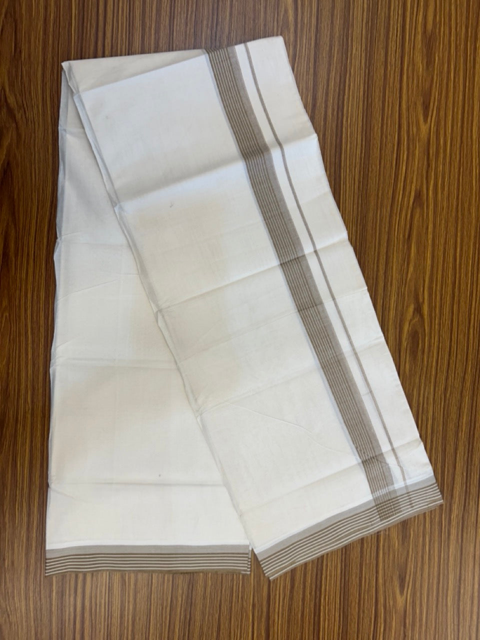 20% Discount! KaithariKada Balaramapuram 100%  Cotton Off White Double - (Unbleached) Mundu/Dhoti - 100X80 - 1.25 Inch Brown striped Kara - 4 Mtr (8.5 Muzham) - 111 KK5294 THI
