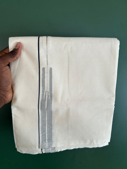 Single Off White (Unbleached) Mundu/Dhoti - 20% Discount!! KaithariKada Pulimood 100% Cotton 100s Twisted - 1.5 cm Puliyilakkara Silver Kasav & Black Striped Chutty Kara - 2 mtr (5 muzham) - 5 KK5546 ASH