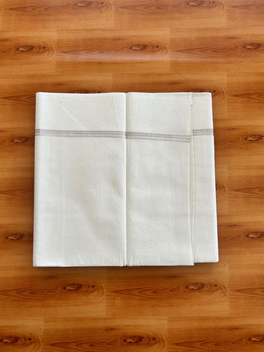 Single Off White (Unbleached) Mundu/Dhoti - 36% DISCOUNT!! KaithariKada Balaramapuram 100% Cotton - Twisted 60s Thread - 0.75 cm Silver Shaded Striped Kara (2 meter / 4 muzham) - 34 KK5495 GL
