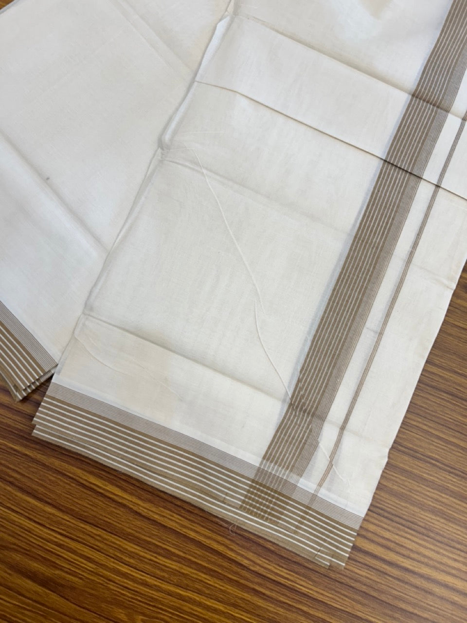 20% Discount! KaithariKada Balaramapuram 100%  Cotton Off White Double - (Unbleached) Mundu/Dhoti - 100X80 - 1.25 Inch Brown striped Kara - 4 Mtr (8.5 Muzham) - 111 KK5294 THI
