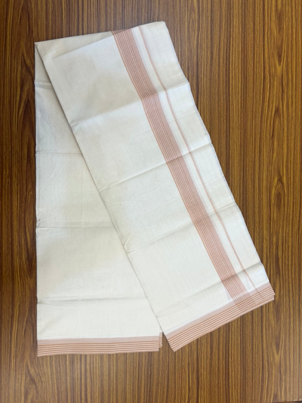 20% Discount! KaithariKada Balaramapuram 100%  Cotton Off White Double - (Unbleached) Mundu/Dhoti - 100X80 - 1.25 Inch Dark Peach striped Kara - 4 Mtr (8.5 Muzham) - 113 KK5294 THI