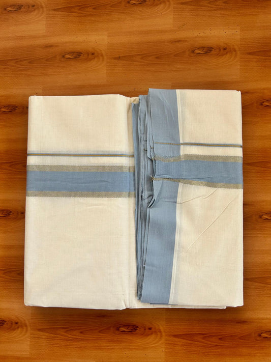 Double Off White (Unbleached) Mundu/Dhoti - 20% Discount! Kaitharikada Pure Cotton - 80x80 - 1.5 Inch Gold Kasav & Ash Blue Kara 4 mtr (8.5 muzham) - 18 KK5478 MRH