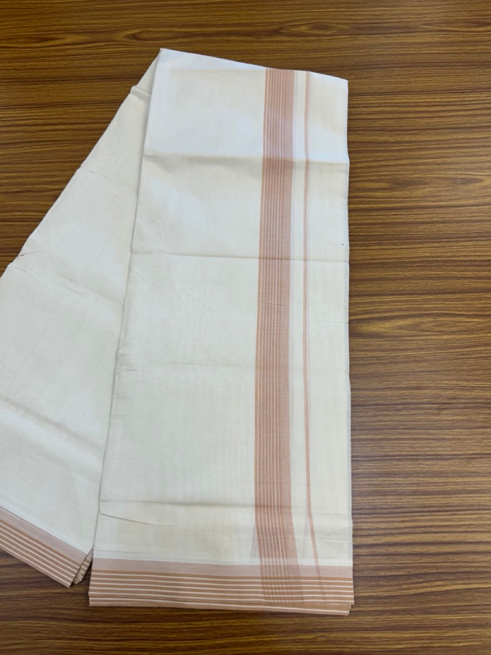 20% Discount! KaithariKada Balaramapuram 100%  Cotton Off White Double - (Unbleached) Mundu/Dhoti - 100X80 - 1.25 Inch Dark Peach striped Kara - 4 Mtr (8.5 Muzham) - 113 KK5294 THI