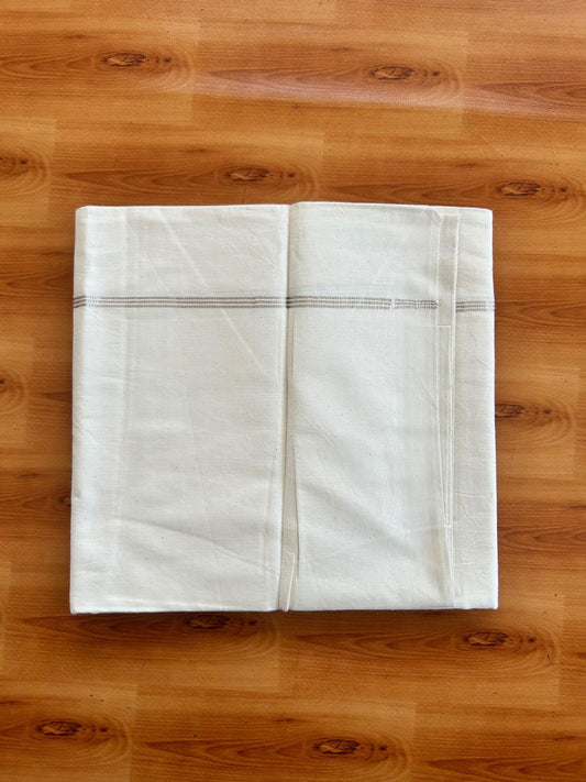 Single Off White (Unbleached) Mundu/Dhoti - 36% DISCOUNT!! KaithariKada Balaramapuram 100% Cotton - Twisted 60s Thread - 0.75 cm Silver Striped Kara (2 meter / 4 muzham) - 33 KK5495 GL
