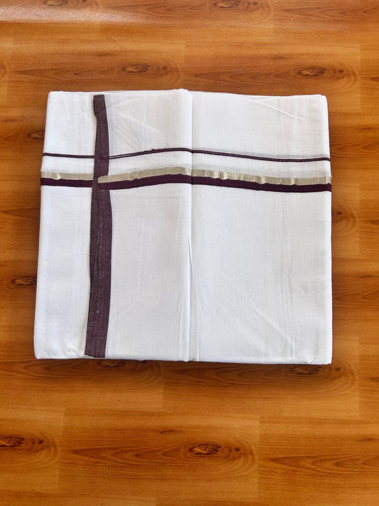 Pure White Double Mundu/Dothi - 20% Discount ! Kaitharikada 100% Cotton 80x80 - 0.5 inch Silver Kasav & Dark Wine Kara 3.80 m (8 muzham) - 9 KK5476 MC