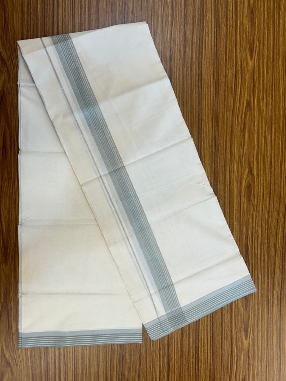 20% Discount! KaithariKada Balaramapuram 100%  Cotton Off White Double - (Unbleached) Mundu/Dhoti - 100X80 - 1.25 Inch Ash Green striped Kara - 4 Mtr (8.5 Muzham) - 115 KK5294 THI