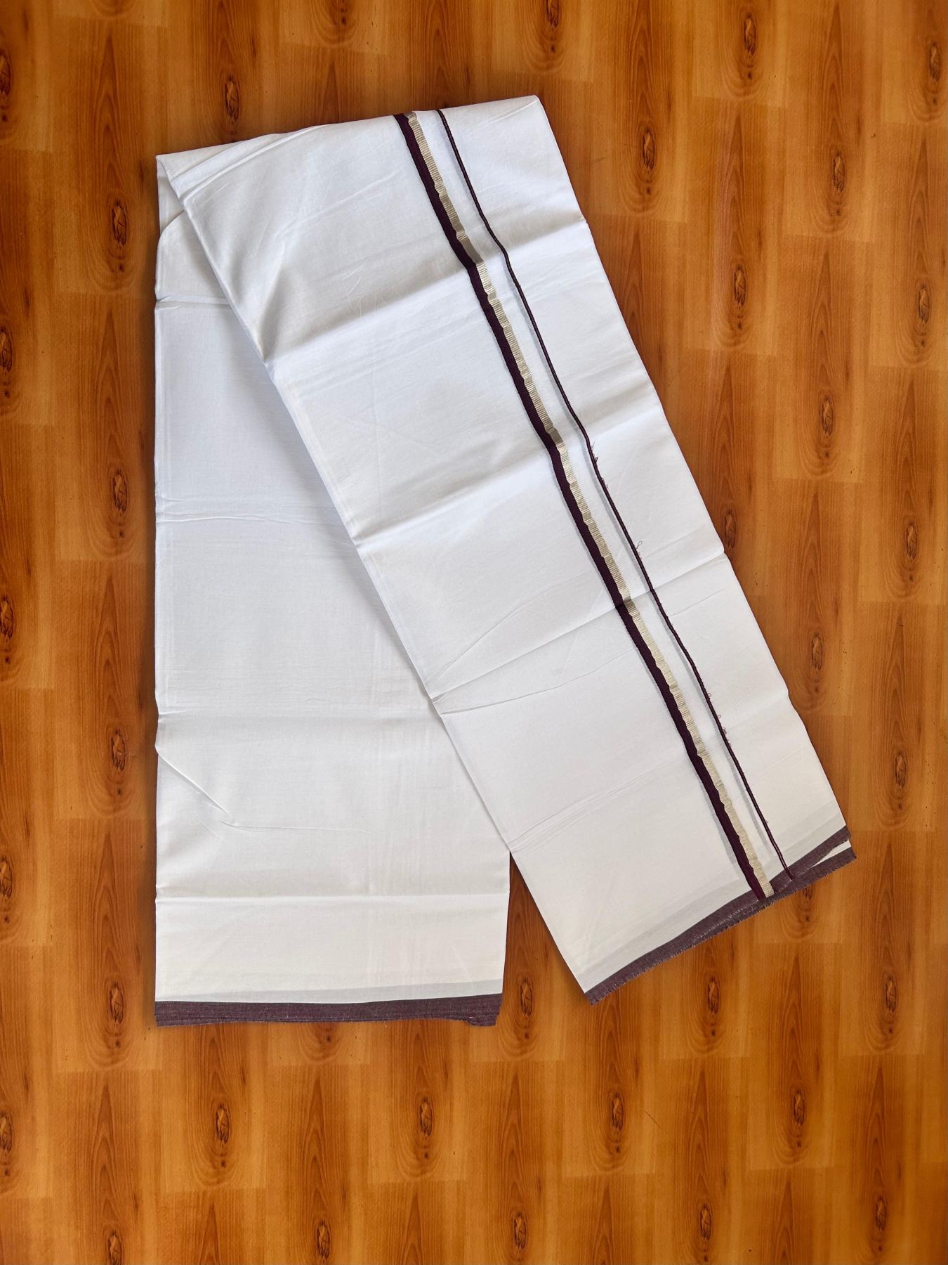 Pure White Double Mundu/Dothi - 20% Discount ! Kaitharikada 100% Cotton 80x80 - 0.5 inch Silver Kasav & Dark Wine Kara 3.80 m (8 muzham) - 9 KK5476 MC