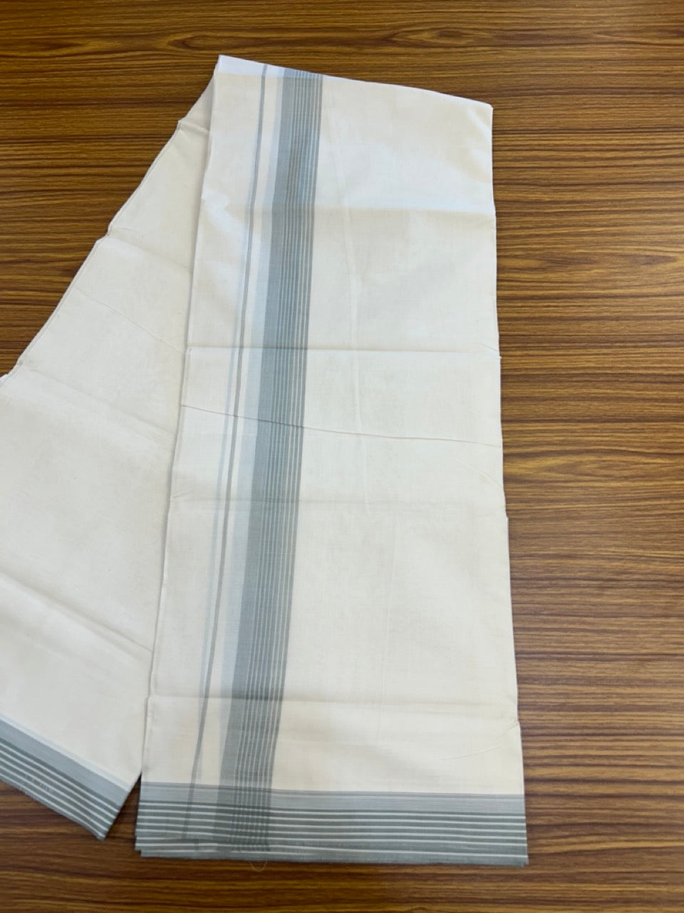 20% Discount! KaithariKada Balaramapuram 100%  Cotton Off White Double - (Unbleached) Mundu/Dhoti - 100X80 - 1.25 Inch Ash Green striped Kara - 4 Mtr (8.5 Muzham) - 115 KK5294 THI
