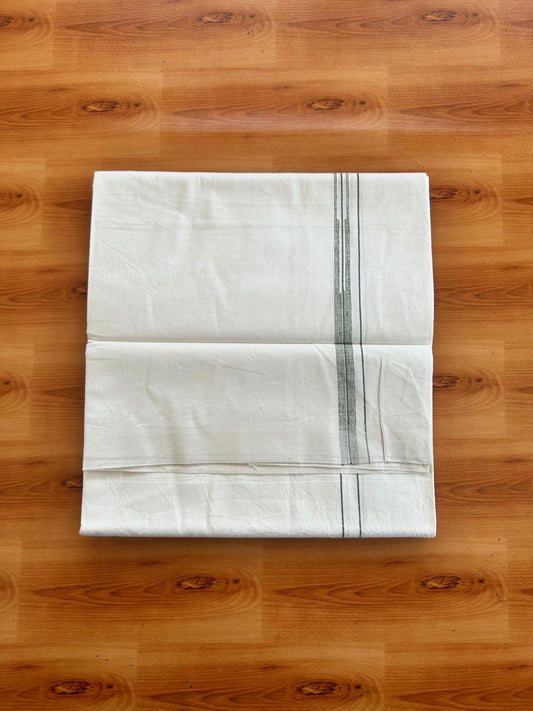 Single Off White (Unbleached) Mundu/Dhoti - 36% DISCOUNT!! KaithariKada Balaramapuram 100% Cotton - Twisted 60s Thread - 0.75 cm Green Puliyilakkara One Side Chutty (2 meter / 4 muzham) - 36 KK5495 GL