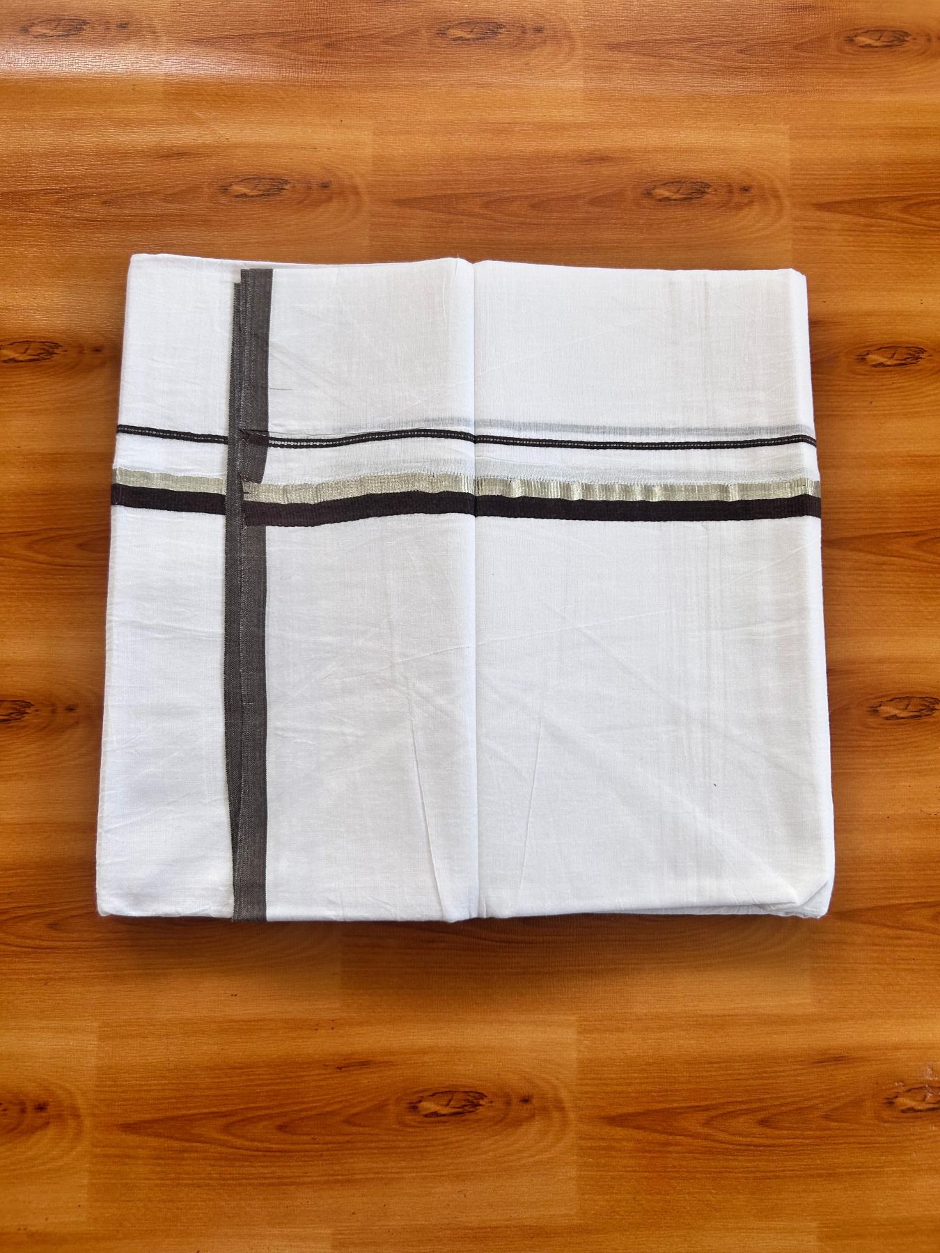 Pure White Double Mundu/Dothi - 20% Discount ! Kaitharikada 100% Cotton 80x80 - 0.5 inch Silver Kasav & Dark Brown Kara 3.80 m (8 muzham) - 10 KK5476 MC