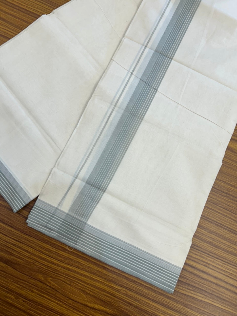 20% Discount! KaithariKada Balaramapuram 100%  Cotton Off White Double - (Unbleached) Mundu/Dhoti - 100X80 - 1.25 Inch Ash Green striped Kara - 4 Mtr (8.5 Muzham) - 115 KK5294 THI