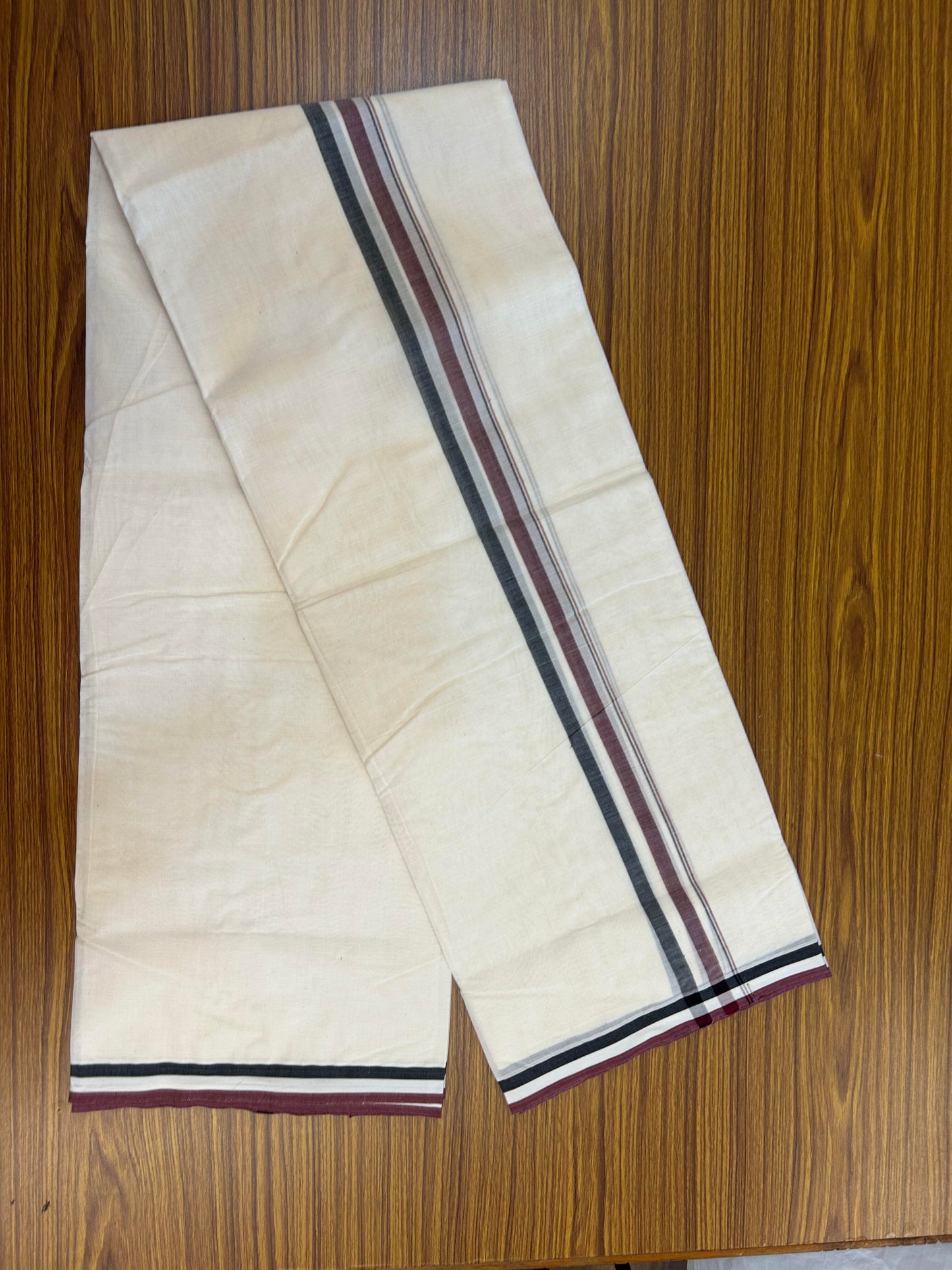 Admk Veshti - 20% Discount ! KaithariKada 100% Cotton Off White Double - (Unbleached) Mundu/Dhoti - 100X100 - 1.25 inch Black White & Maroon Shaded kara - 5 KK5354 ASH