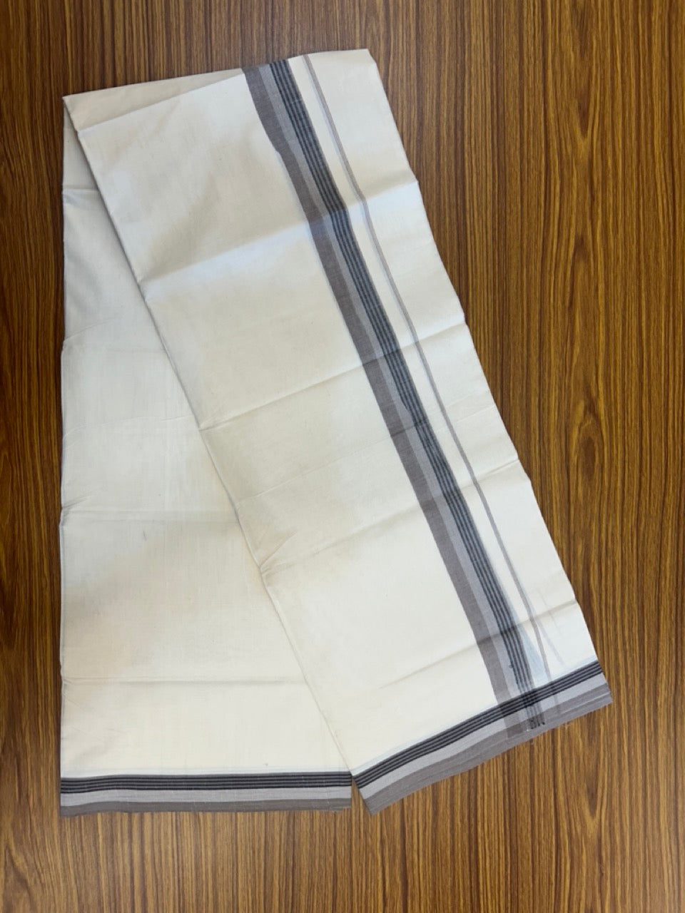 20% Discount! KaithariKada Balaramapuram 100%  Cotton Off White Double - (Unbleached) Mundu/Dhoti - 100X80 - 1.5 Inch Grey shaded Black striped Kara - 4 Mtr (8.5 Muzham) - 122 KK5294 THI