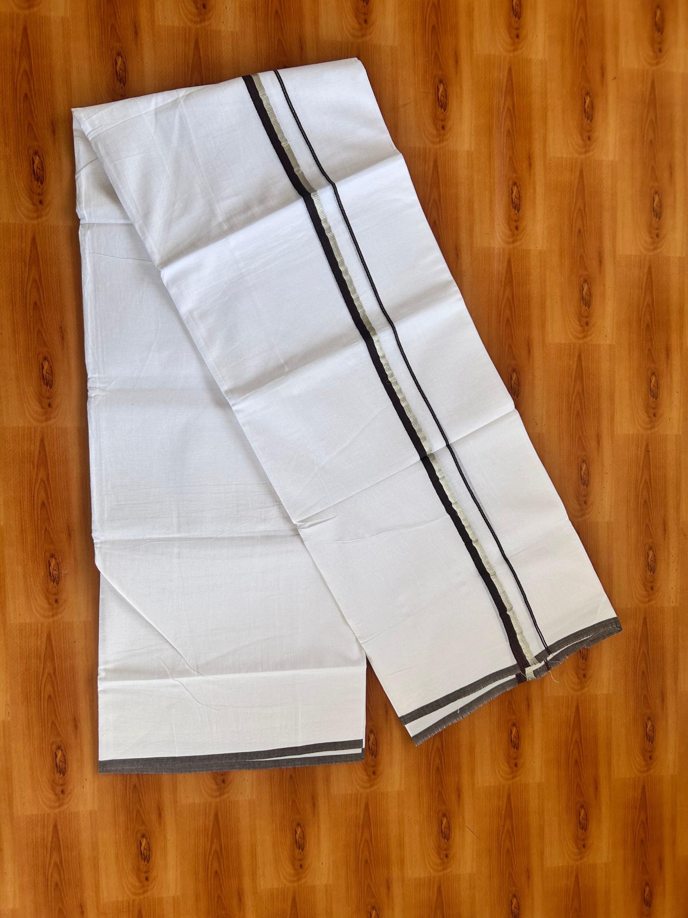 Pure White Double Mundu/Dothi - 20% Discount ! Kaitharikada 100% Cotton 80x80 - 0.5 inch Silver Kasav & Dark Brown Kara 3.80 m (8 muzham) - 10 KK5476 MC