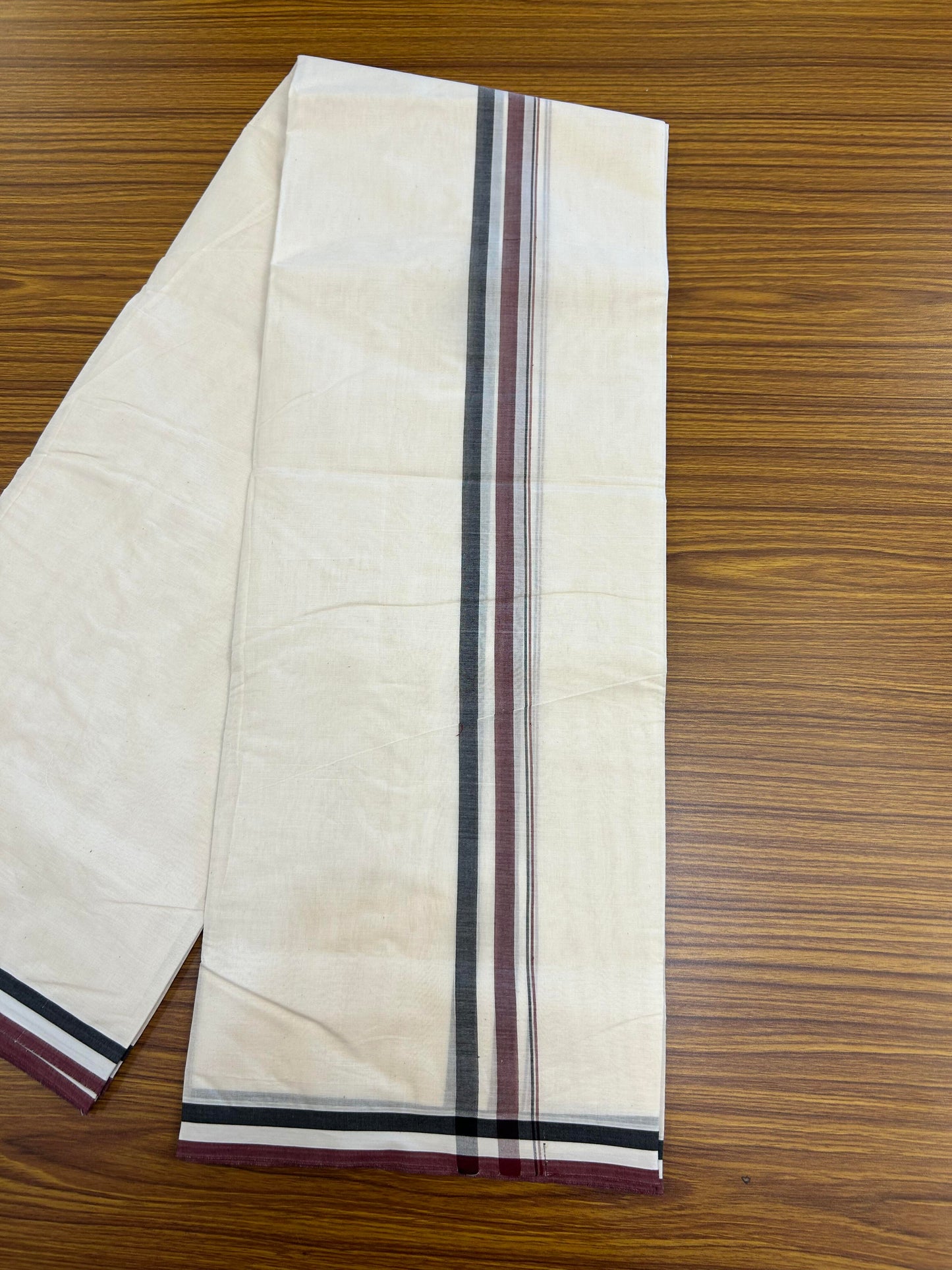 Admk Veshti - 20% Discount ! KaithariKada 100% Cotton Off White Double - (Unbleached) Mundu/Dhoti - 100X100 - 1.25 inch Black White & Maroon Shaded kara - 5 KK5354 ASH