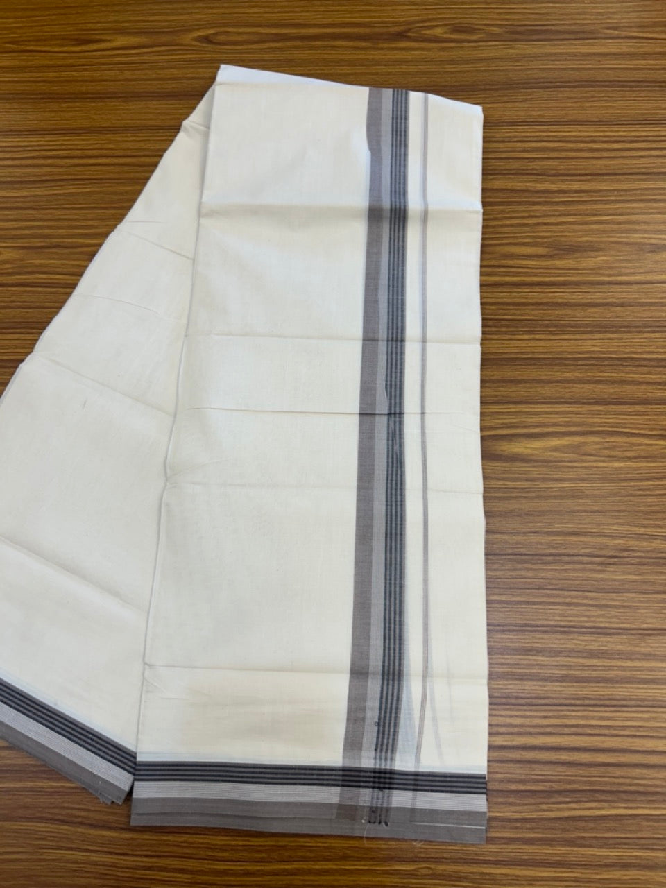 20% Discount! KaithariKada Balaramapuram 100%  Cotton Off White Double - (Unbleached) Mundu/Dhoti - 100X80 - 1.5 Inch Grey shaded Black striped Kara - 4 Mtr (8.5 Muzham) - 122 KK5294 THI