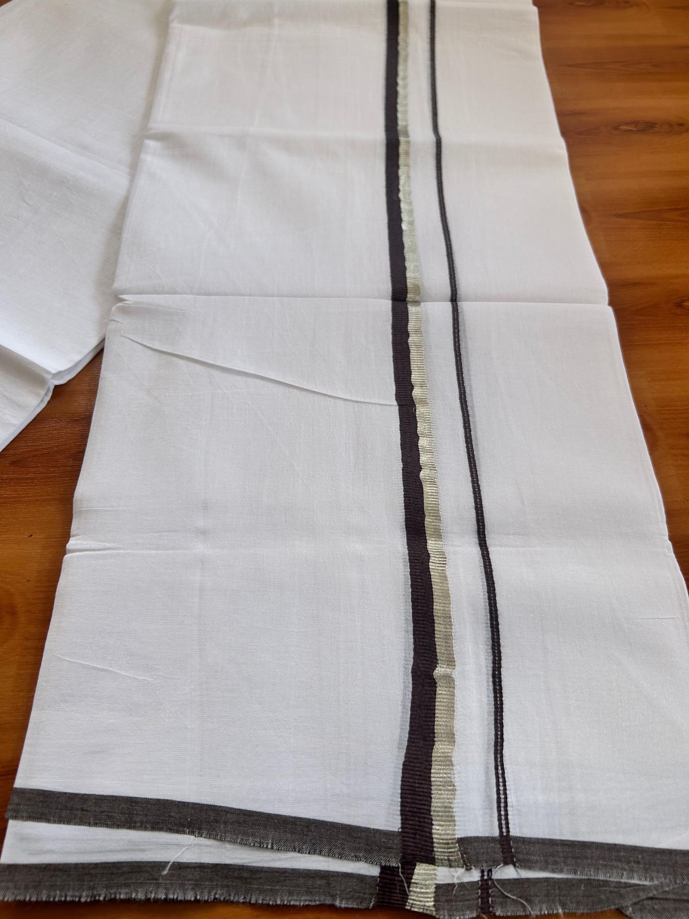 Pure White Double Mundu/Dothi - 20% Discount ! Kaitharikada 100% Cotton 80x80 - 0.5 inch Silver Kasav & Dark Brown Kara 3.80 m (8 muzham) - 10 KK5476 MC