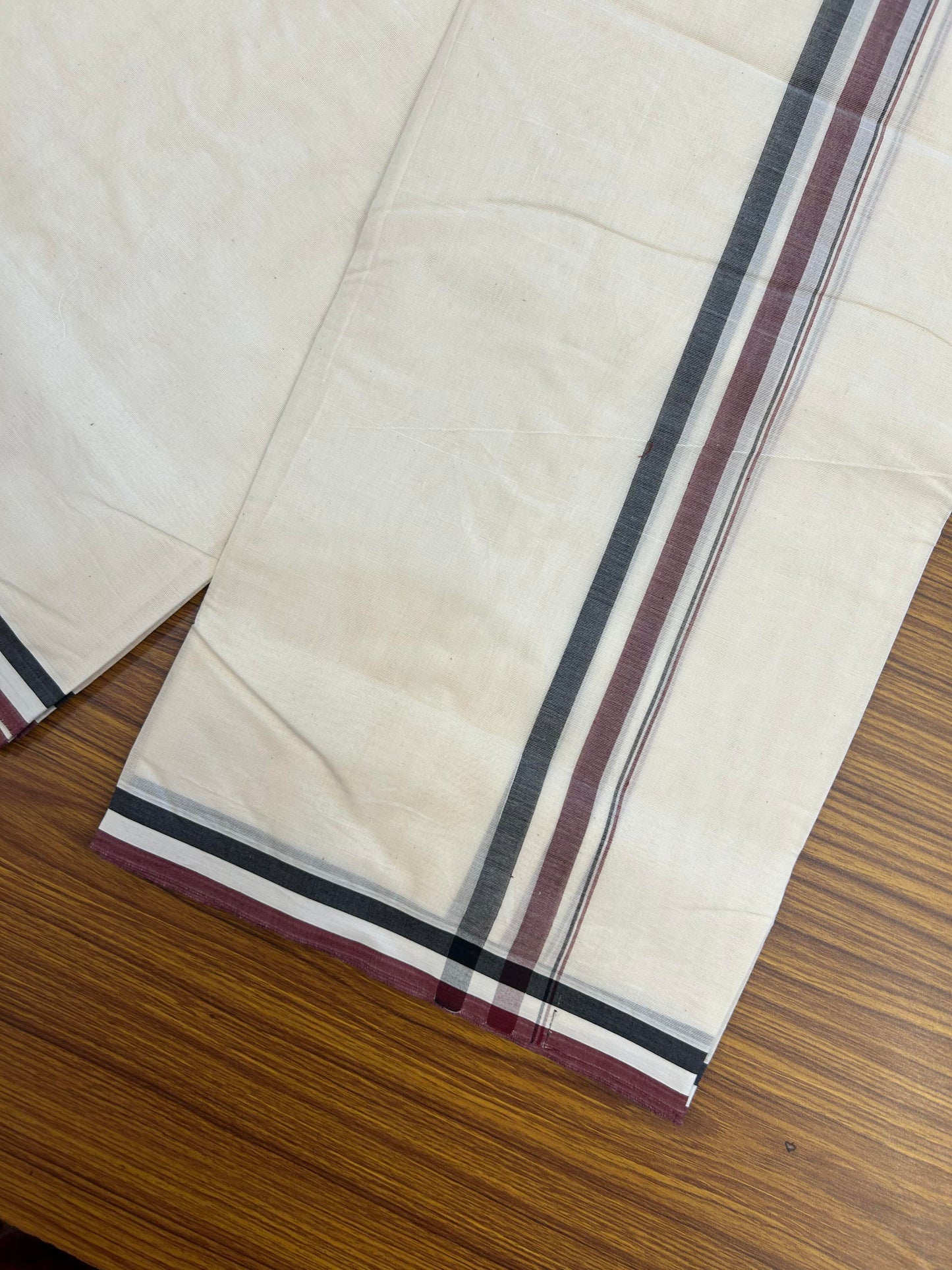 Admk Veshti - 20% Discount ! KaithariKada 100% Cotton Off White Double - (Unbleached) Mundu/Dhoti - 100X100 - 1.25 inch Black White & Maroon Shaded kara - 5 KK5354 ASH