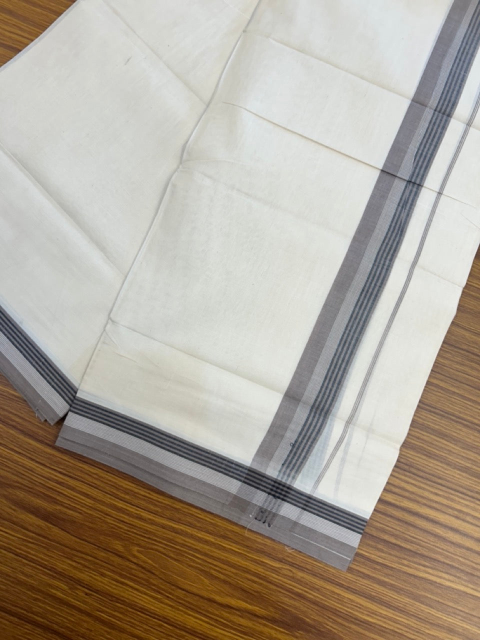 20% Discount! KaithariKada Balaramapuram 100%  Cotton Off White Double - (Unbleached) Mundu/Dhoti - 100X80 - 1.5 Inch Grey shaded Black striped Kara - 4 Mtr (8.5 Muzham) - 122 KK5294 THI