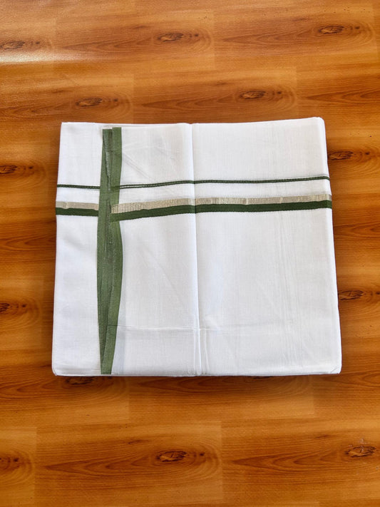 Pure White Double Mundu/Dothi - 20% Discount ! Kaitharikada 100% Cotton 80x80 - 0.5 inch Silver Kasav & Green Kara 3.80 m (8 muzham) - 11 KK5476 MC