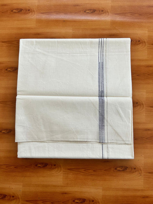 Single Off White (Unbleached) Mundu/Dhoti - 36% DISCOUNT!! KaithariKada Balaramapuram 100% Cotton - Twisted 60s Thread - 0.75 cm Silver Kasav Violet Puliyilakkara One Side Chutty (2 meter / 4 muzham) - 35 KK5495 GL