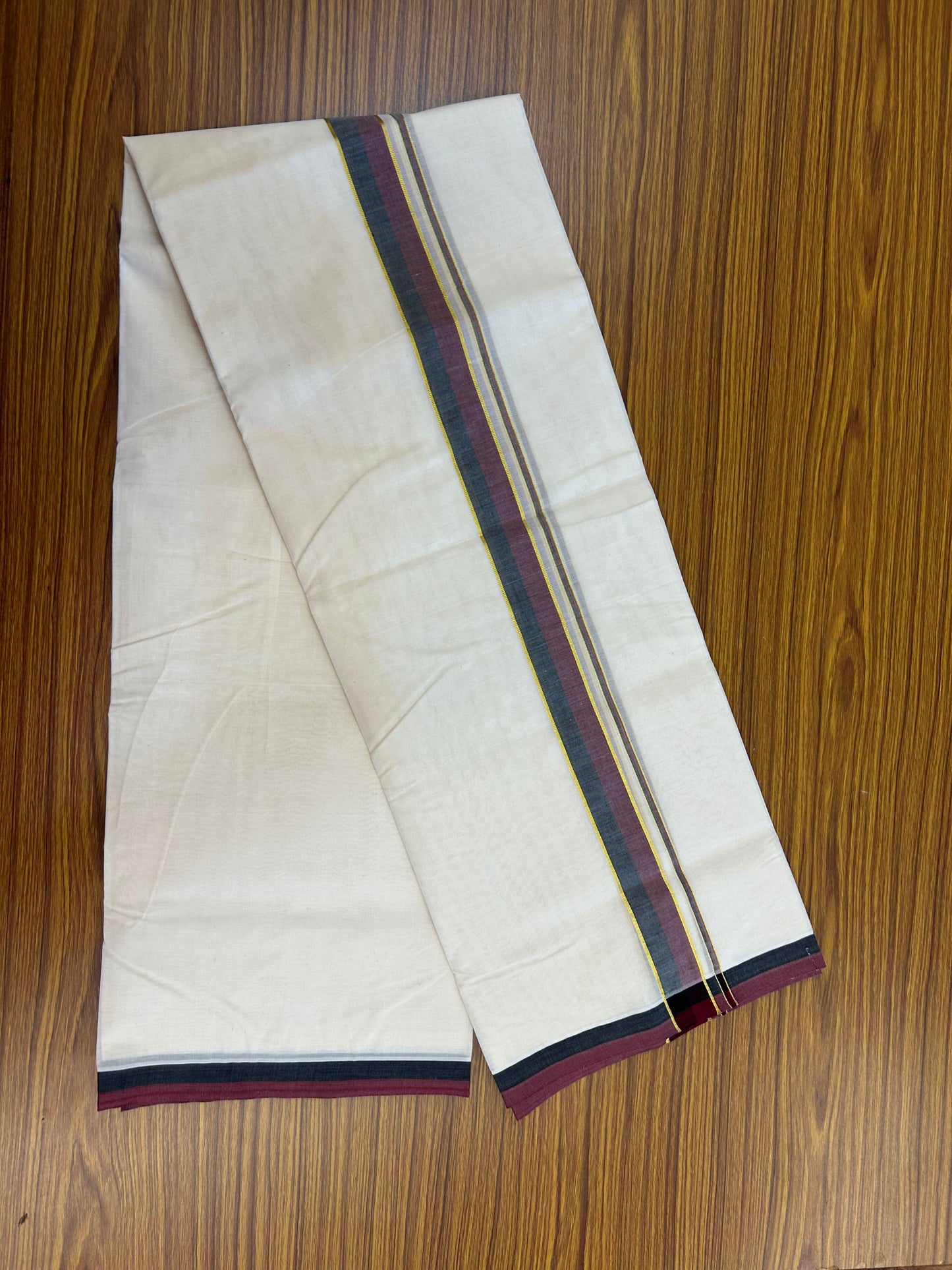 Dmk Veshti - 20% Discount! KaithariKada 100% Cotton Off White Double - (Unbleached) Mundu/Dhoti - 100X100 - 1.25 inch Gold Kasav Black & Maroon kara  - 6 KK5354 ASH