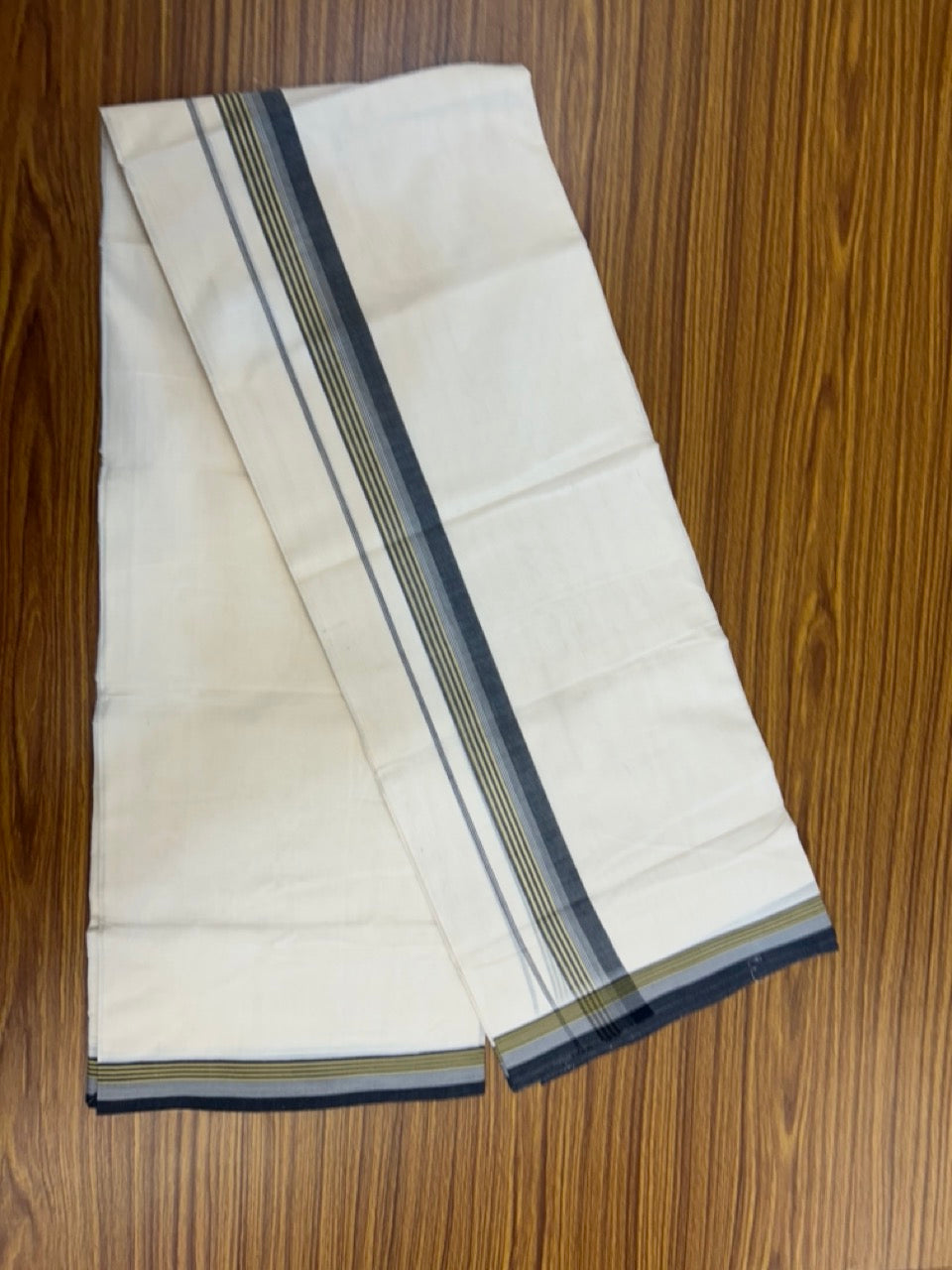 20% Discount! KaithariKada Balaramapuram 100%  Cotton Off White Double - (Unbleached) Mundu/Dhoti - 100X80 - 1.5 Inch Black shaded yellow striped Kara - 4 Mtr (8.5 Muzham) - 123 KK5294 THI