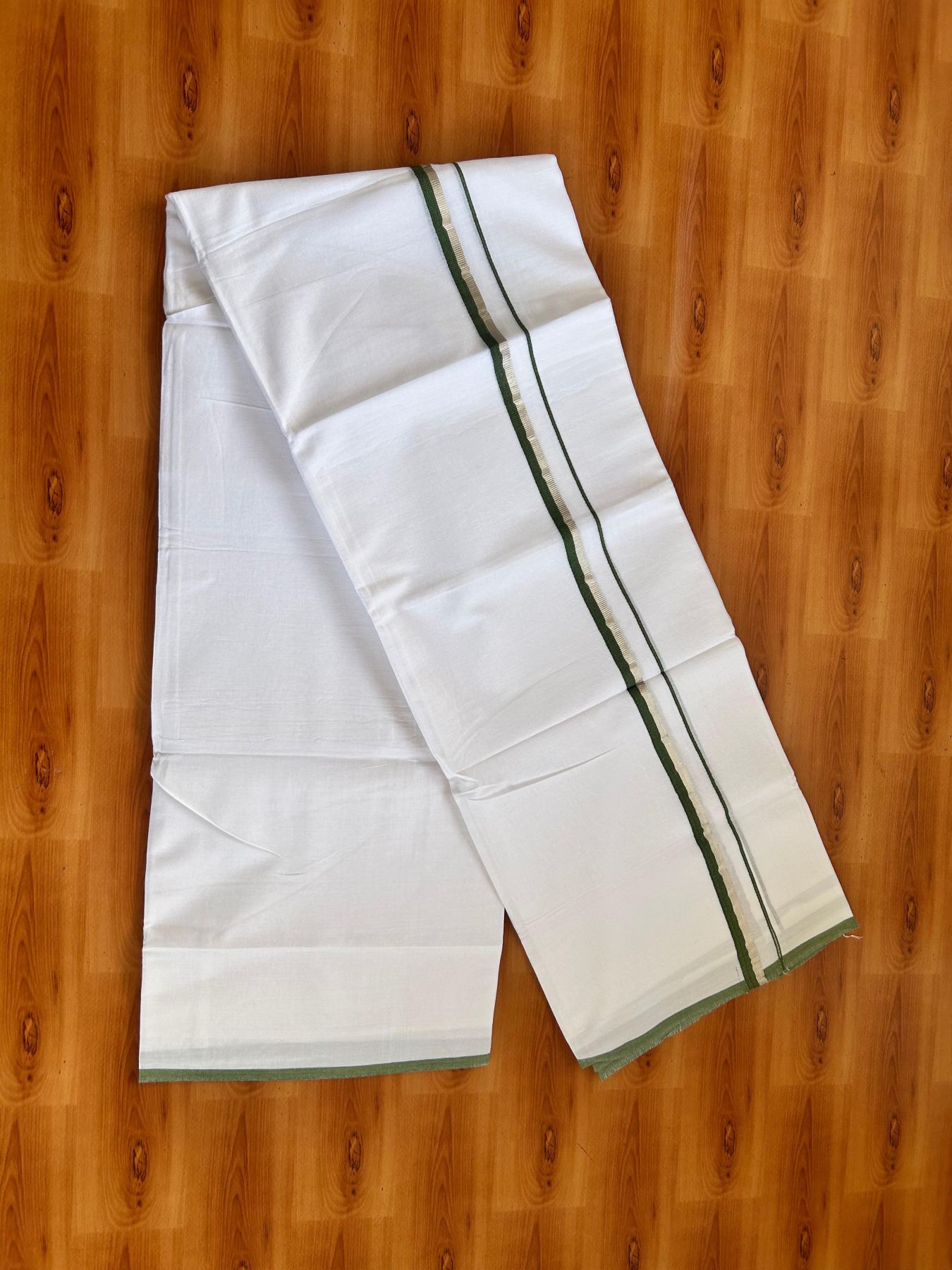Pure White Double Mundu/Dothi - 20% Discount ! Kaitharikada 100% Cotton 80x80 - 0.5 inch Silver Kasav & Green Kara 3.80 m (8 muzham) - 11 KK5476 MC