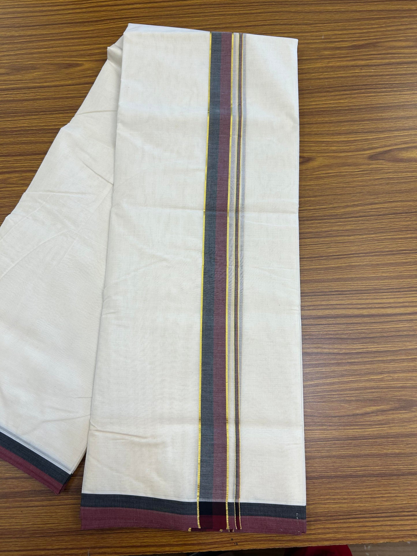 Dmk Veshti - 20% Discount! KaithariKada 100% Cotton Off White Double - (Unbleached) Mundu/Dhoti - 100X100 - 1.25 inch Gold Kasav Black & Maroon kara  - 6 KK5354 ASH