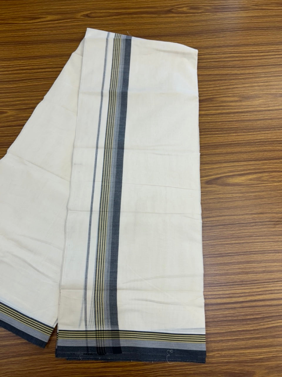 20% Discount! KaithariKada Balaramapuram 100%  Cotton Off White Double - (Unbleached) Mundu/Dhoti - 100X80 - 1.5 Inch Black shaded yellow striped Kara - 4 Mtr (8.5 Muzham) - 123 KK5294 THI
