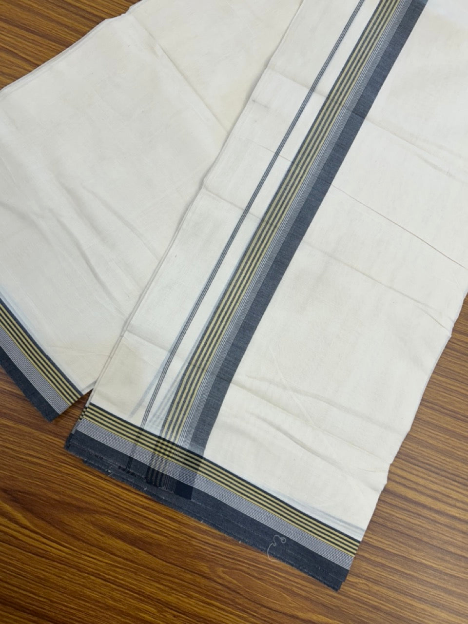 20% Discount! KaithariKada Balaramapuram 100%  Cotton Off White Double - (Unbleached) Mundu/Dhoti - 100X80 - 1.5 Inch Black shaded yellow striped Kara - 4 Mtr (8.5 Muzham) - 123 KK5294 THI